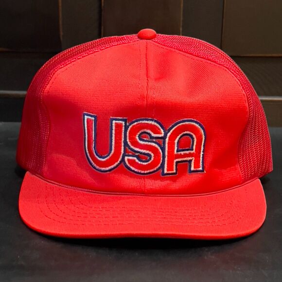 Vintage 80s Designer Award USA Foam Mesh Snapback Trucker Hat Red White Blue 4th - Picture 1 of 7